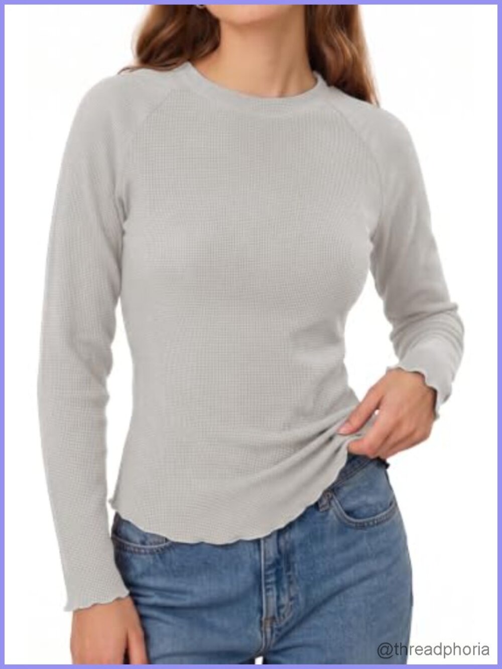 Women Waffle Knit Long Sleeve Tee Crew Neck Raglan Lettuce Edge Relaxed Fit